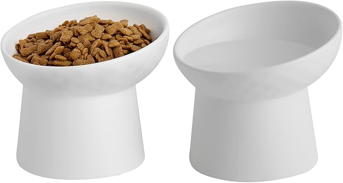 Small Ceramic Raised Cat Bowls, Tilted Elevated Food or Water Bowls, Stress Free, Backflow Prevention, Dishwasher and Microwave Safe, Lead &amp; Cadmium Free(White)