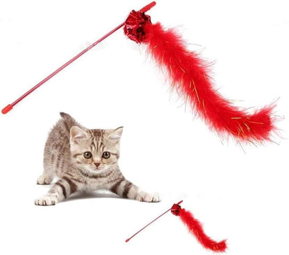 Purple Cat Teasing Stick Toy - Interactive Stick with Sparkly Feather Boa &amp; Crinkle Ball for Indoor Cat Training &amp; Fun