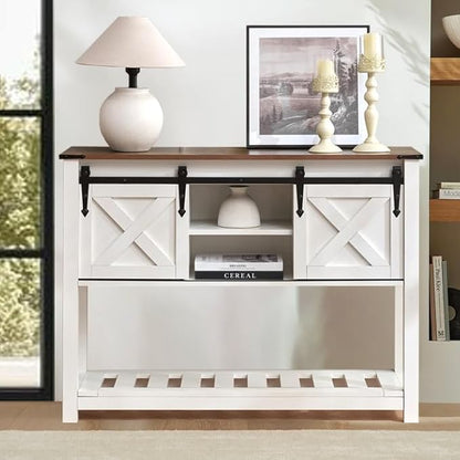 Entryway Table with Storage, Farmhouse Buffet Cabinet Coffee Bar Kitchen Island with Sliding Barn Doors &amp; Shelves, Console Table for Kitchen, Dining Room, Living Room, White