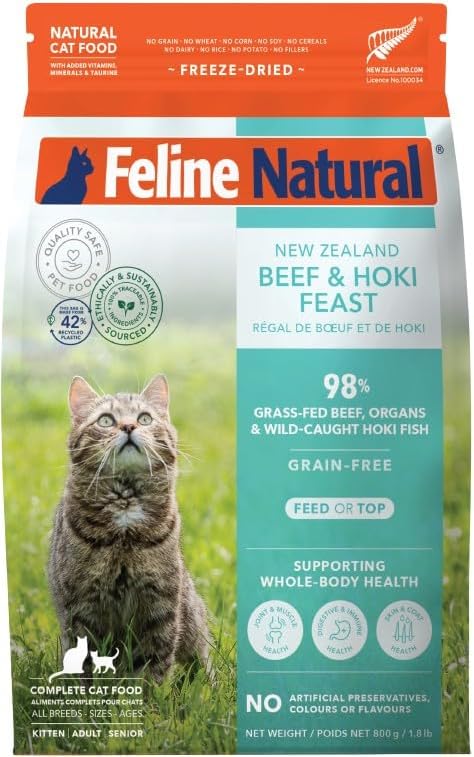 Feline Natural High Protein Dry Cat Food, Freeze-Dried Diet with 98% Meat, Organs &amp; Seafood, No Peas, Grains, or Artificial Additives, Made in New Zealand, Beef &amp; Hoki, 1.8lb