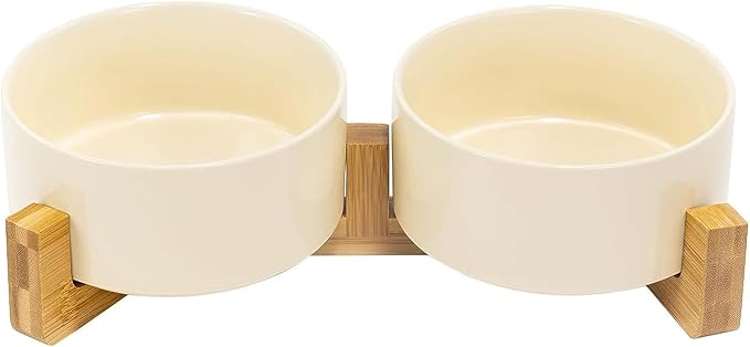 SPUNKYJUNKY Ceramic Dog and Cat Bowl Set with Wooden Stand, Modern Cute Weighted Food Water Set for Small Size Dogs (13.5OZ) &amp; Medium Sized Dogs (28.7OZ) &amp; Cats (3.6 Cups, 2 × Beige)