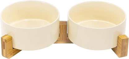 SPUNKYJUNKY Ceramic Dog and Cat Bowl Set with Wooden Stand, Modern Cute Weighted Food Water Set for Small Size Dogs (13.5OZ) &amp; Medium Sized Dogs (28.7OZ) &amp; Cats (3.6 Cups, 2 × Beige)
