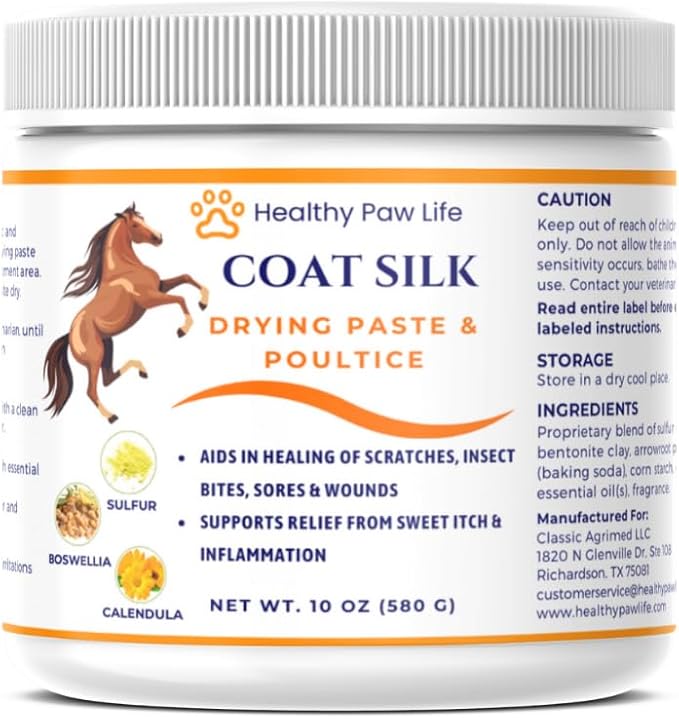 Coat Silk Drying Paste &amp; Poultice for Horses – Natural Relief for Wounds, Scratches, Sores &amp; Sweet Itch – Enriched with Sulfur, Boswellia &amp; Calendula – 10 oz