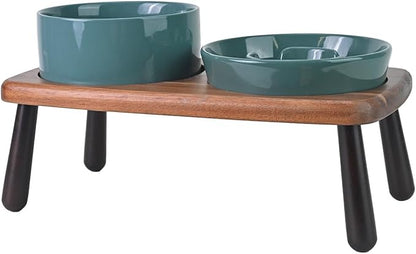 SPUNKYJUNKY Ceramic Elevated Dog Bowls with Slow Feeder Raised with Acacia Bamboo Wooden Stand, 6.1&