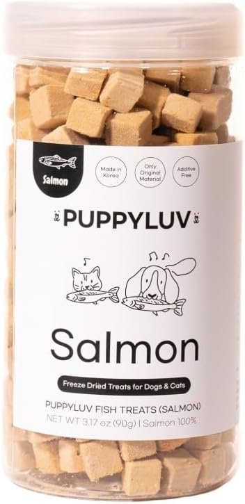 Puppyluv Treat - Freeze Dried Salmon Dog &amp; Cat Treats, Wild Caught, Single Ingredient, Natural High Protein &amp; Fish Oil, Grain Free Gluten Free, 3.2oz