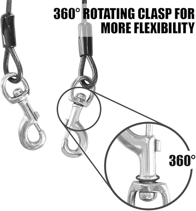BV Dog Tie Out Cable 25 Feet - Heavy Duty Dog Lead Up to 250 Pounds - Reflective &amp; Rust-Free with Quick Release Swivel Clips &amp; 360° Rotating Clasp - Tangle-Free Dogs Runner for Yard (Grey, Pair)