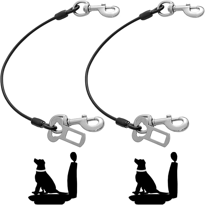 Dog Seat Belt Harness for Car,2pcs Dog Seatbelt of Coated Wire Leash Safety Restraint,No Chew Tether Cable Vehicle Dog Accessories,Double Clips &amp; Latch (2 Pack Black, 16 inch/40 CM)