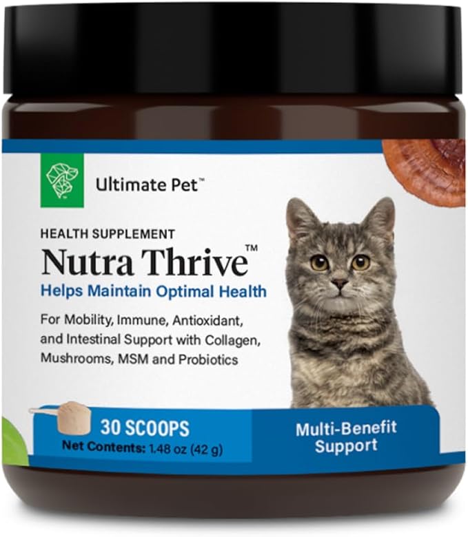 Ultimate Pet Nutrition Nutra Thrive™ Cat Supplement, Vet-Developed Powder for Mobility, Immune Support, Antioxidants &amp; Digestion with Probiotics, Collagen, &amp; Superfoods, 30 Servings