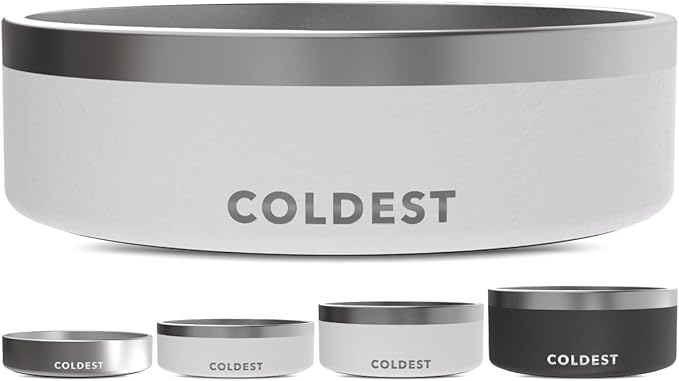 Coldest Dog Bowl - Anti Rust Metal, Non Slip, 3 Layers Insulated Stainless Steel Dog Bowls - Spill Proof &amp; Heavy Duty - Water Bowl for Dogs, Cats &amp; Pets, Dish Washer Safe (42 oz, Epic White)