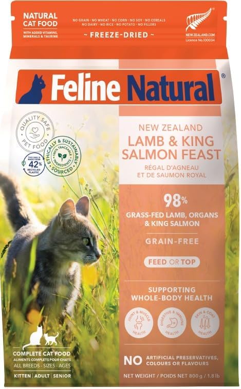 Feline Natural High Protein Dry Cat Food, Freeze-Dried Diet with 98% Meat, Organs &amp; Seafood, No Peas, Grains, or Artificial Additives, Made in New Zealand, Lamb &amp; King Salmon, 1.8lb