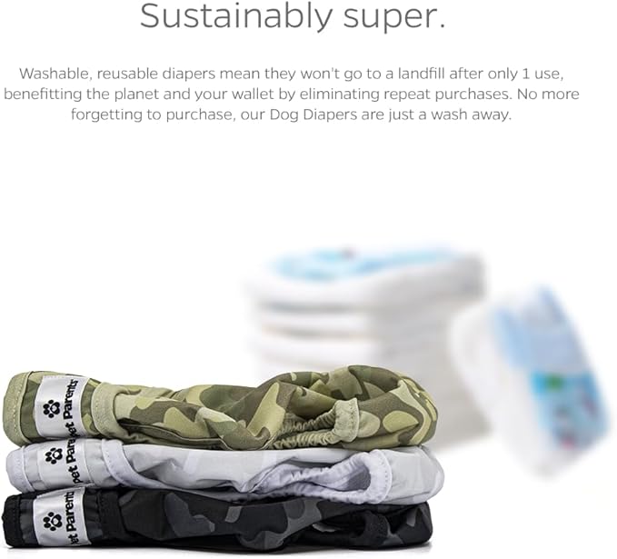 Pet Parents® Washable Dog Diapers (3pack) + Extendrs® of Durable Doggie Diapers, Premium Dog Diapers Female &amp; Male (Small, Camo)