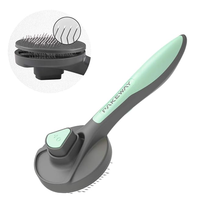 PAKEWAY Cat &amp; Dog Grooming Brush - Self Cleaning, Release Button, Kitten &amp; Pet Brush for Short, Medium &amp; Long Hair (Green)