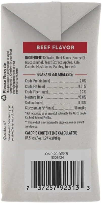 Only Natural Pet Bone Broth Beef Flavor Dog &amp; Cat Meal Topper, 100% Human-Grade Slow-Simmered, Free-Range for Dry Food or to Hydrate Dehydrated Food - (12-Pack / 11.16 oz Each)