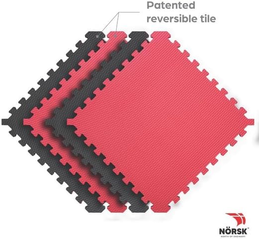Norsk Reversible Gym Exercise Mats 3/4" Thick EVA Interlocking Foam Tiles, Perfect Home Gym Flooring, 32 Tiles &amp; 64 Trim Pieces, 128 Sq. Ft. Reversible, Red/Black