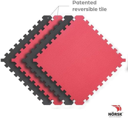 Norsk Reversible Gym Exercise Mats 3/4" Thick EVA Interlocking Foam Tiles, Perfect Home Gym Flooring, 32 Tiles &amp; 64 Trim Pieces, 128 Sq. Ft. Reversible, Red/Black