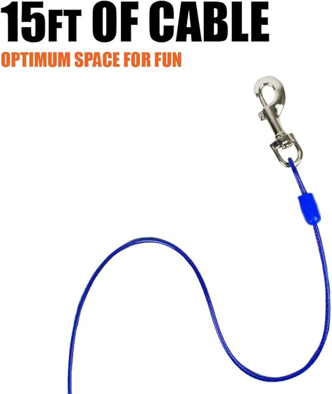 BV Dog Tie Out Cable 15 Feet - Heavy Duty Dog Lead Up to 60 Pounds - Reflective &amp; Rust-Free with Quick Release Swivel Clips &amp; 360° Rotating Clasp - Tangle-Free Dogs Runner for Yard (Blue, Single)