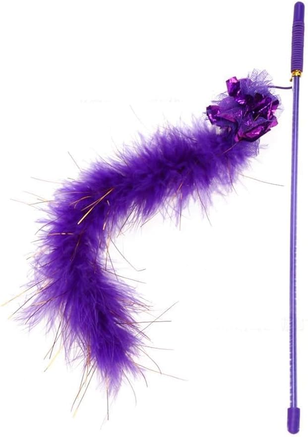 Purple Cat Teasing Stick Toy - Interactive Stick with Sparkly Feather Boa &amp; Crinkle Ball for Indoor Cat Training &amp; Fun