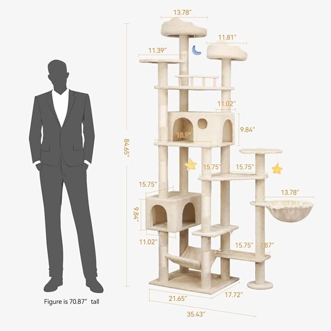 85inch Heavy Duty Cat Tree for Indoor Cats Large Adult, Tall Giant Cat Tower with Scratching Post, Large Perches, Cozy Cat Condos &amp; Hanging Hammocks, Beige
