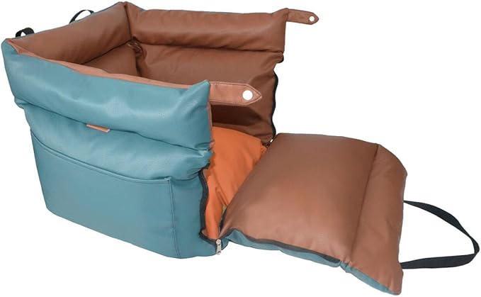 Dog Car Seat for Small Dogs, Large Leather Dog Car Bed with Storage Pocket, Waterproof PVC Leather Booster Seat Travel Bed for Front &amp; Back Seat, Clip-On Safety Leash (Blue/Brown)