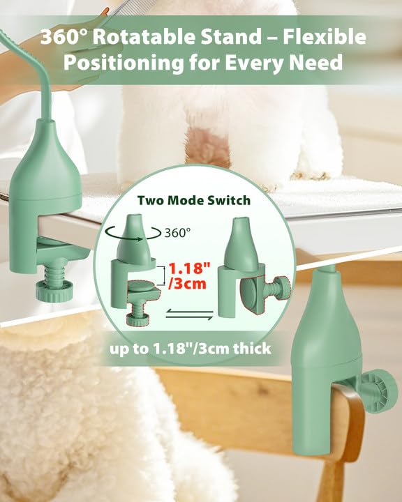 2-in-1 Hands-Free Dog Hair Dryer with Table Clamp – Low Noise Pet Grooming Dryer for Dogs &amp; Cats, Adjustable Heat &amp; Speed, Wearable or Desktop Use(Green)