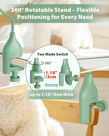 2-in-1 Hands-Free Dog Hair Dryer with Table Clamp – Low Noise Pet Grooming Dryer for Dogs &amp; Cats, Adjustable Heat &amp; Speed, Wearable or Desktop Use(Green)