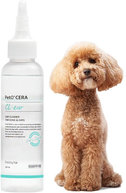 PetO’Cera CL’Ear Ear Cleaner for Dogs &amp; Cats with 52% Hinoki Cypress Water, Soothes Itching &amp; Irritation, Cleans &amp; Deodorizes, Alcohol-Free &amp; Gentle Formula, Korean Pet Care (4 fl oz/120ml)