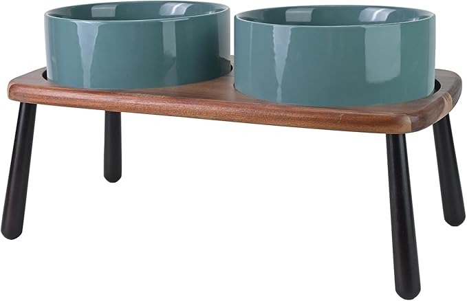 SPUNKYJUNKY Ceramic Elevated Dog Bowls Raised with Acacia Bamboo Wooden Stand, 8.3&