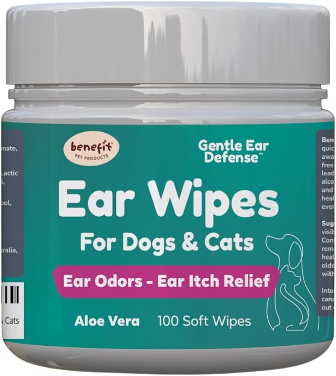 Benefit Pet Products Dog Ear Wipes - Ear Cleaner for Dogs to Prevent Infections, Itching &amp; Odor - Aloe &amp; Eucalyptus, Grooming Wipes - 100 Count