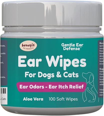 Benefit Pet Products Dog Ear Wipes - Ear Cleaner for Dogs to Prevent Infections, Itching &amp; Odor - Aloe &amp; Eucalyptus, Grooming Wipes - 100 Count