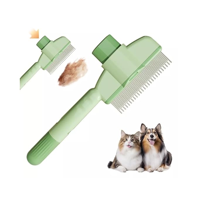 Pet Hair Removal Comb, Flea Brush with Release Button for Cat Dog, De-Shedding Cat/Dog Hair Comb, With Long &amp; Short Stainless Steel Metal Teeth for Shedding(Green)