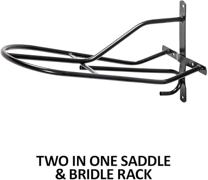 Black English &amp; Western Saddle Rack | Organize Tack Room | Sleek and Durable | PVC Coated Steel | Mounts Easily | Includes Hook to Hold a Bridle, Helmet or Other Items