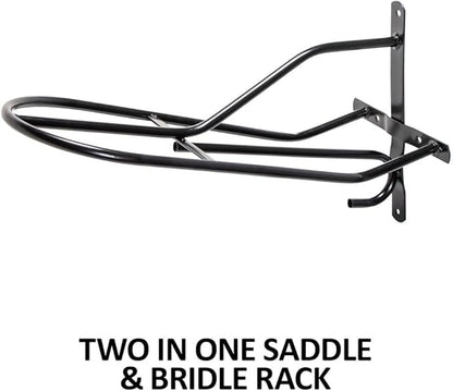 Black English &amp; Western Saddle Rack | Organize Tack Room | Sleek and Durable | PVC Coated Steel | Mounts Easily | Includes Hook to Hold a Bridle, Helmet or Other Items