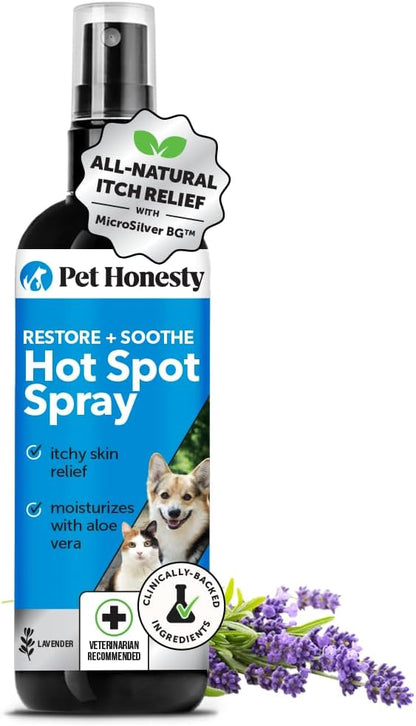 Restore + Soothe Hot Spots Spray for Dogs &amp; Cats - Gentle on Sensitive Skin, Chlorhexidine Alternative Spray, Soothes Itching, Irritation with Aloe and Microsilver (Lavender) - 4oz