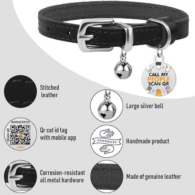 BRONZEDOG Leather Cat Collar with Removable Bells Non Breakaway Kitten QR Tag for Girl Boy (9" - 12" Cats/Mini Dogs, Black &amp; Silver)