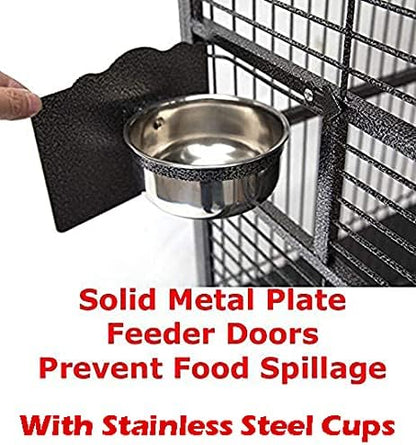 X-Large Corner Parrot Bird Flight Breeding Wrought Iron Rolling Cage Solid Plated Feeder Doors with Around Metal Seed Guard