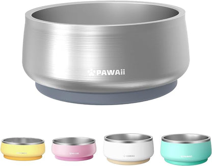 Pawaii Stainless Steel Dog Bowl with Non-Slip Rubber Base &amp; Double Wall Insulation - Durable Design | Includes ID Tag | Dishwasher Safe Food &amp; Water Bowl for All Dogs (34oz)