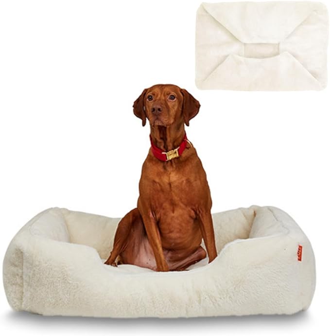 FUZI Luxury Aesthetic Dog Bed with Extra Cover for Medium Dogs, Washable Pet Couch, Pet Bed with Sides, Non-Slip Bottom, Soft &amp; Durable Calming Dog Bed, Faux Fur, Medium 31.75x23.6x9.5 Soft White
