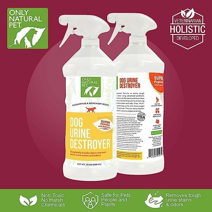 Only Natural Pet Enzyme Powered Stain &amp; Odor Eliminator - Professional Pet Urine Pee Cleaner Deodorizer for Dogs - Hardwood Floors Carpets Upholstery - Eucalyptus &amp; Rosemary Scent - 32Floz - 2 Pack
