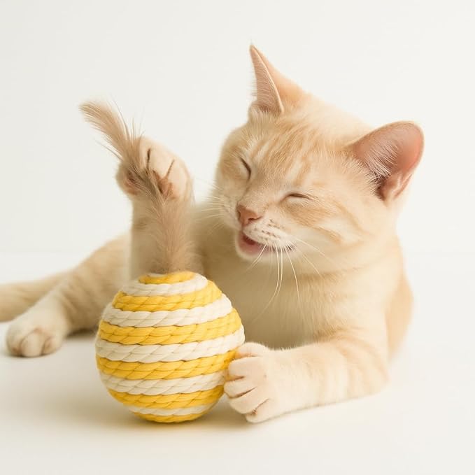 Ball for cat with Feathers - Balls for Cats – Natural Toy for Indoor Cats – Eco-Friendly, Durable, Interactive Play Balls for Kittens – Pet-Safe Chew &amp; Scratch Toys (Yellow)