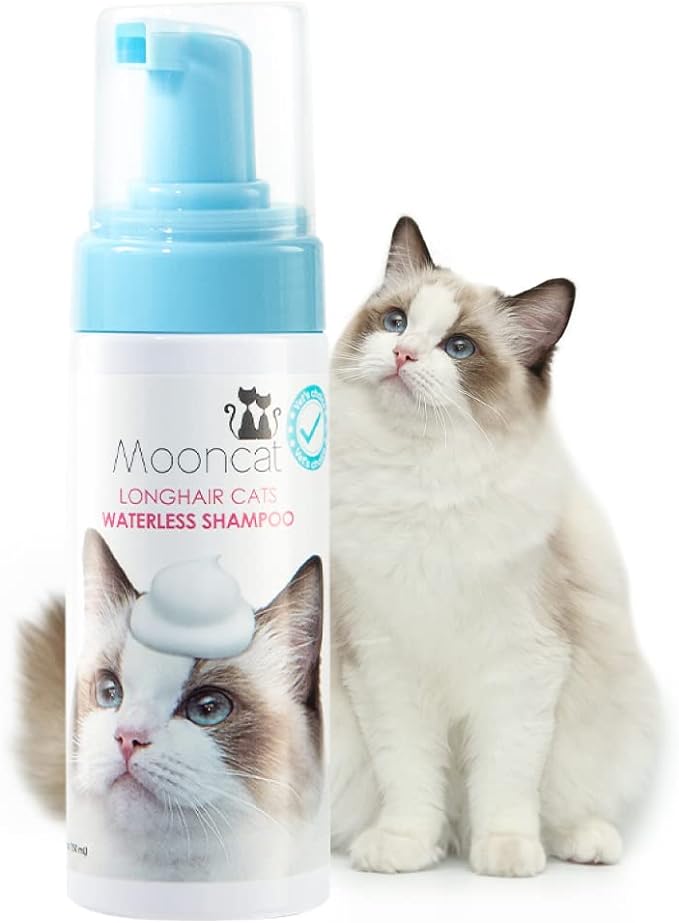 Mooncat Waterless Cat Shampoo for Longhair Cats | Licking Safe No-Rinse Dry Foam Bath for Detangling Matted Fur | Gentle Formula for Kittens &amp; Sensitive Skin, pH Balanced - 5oz