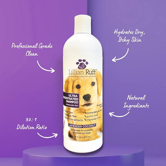Lillian Ruff High Concentrate Professional Grooming Shampoo for Dogs with Hydrating Essential Oils – 30:1 Concentration for Bathing System - Clean, Condition, &amp; Deodorize Dry, Sensitive Skin W/Brush