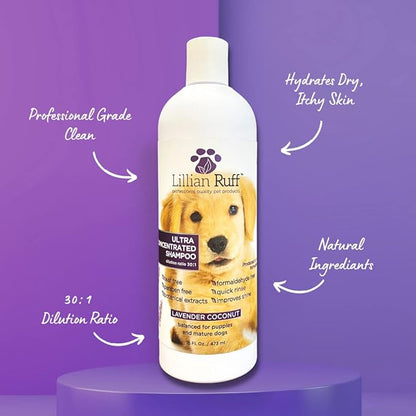Lillian Ruff High Concentrate Professional Grooming Shampoo for Dogs with Hydrating Essential Oils – 30:1 Concentration for Bathing System - Clean, Condition, &amp; Deodorize Dry, Sensitive Skin W/Brush