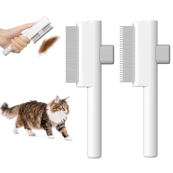 Marchul 2Pcs Pet Comb Flea Comb Set for Cats Dogs, Cat Grooming Brush with Release Button and Stainless Steel Round Teeth, Self-Cleaning Dog Combs for Removing Pet Hair, Knots &amp; Loose Fur, White