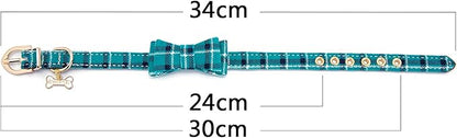 Puppy Collars for Small Dogs - StrawberryEC Adjustable Puppy Id Buckle Collar Leather. Cute Plaid Bandana Dog Collar (Bow-Peacock Green)