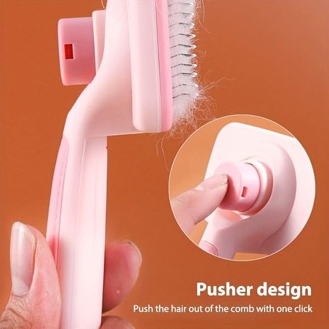 Self‑Cleaning Pet Grooming Brush for Dogs &amp; Cats (Pink) – One‑Click Fur Release, Soft Rounded Bristles, Ergonomic Grip, Safe Deshedding for All Hair Types