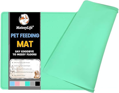 MateeyLife Dog &amp; Cat Food Mat - Waterproof, Nonslip, Raised Edges, Silicone Tray for Messy Drinkers, 24"x16", Mint Green