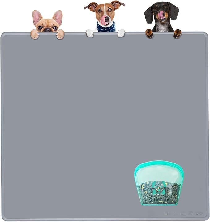 KVK Extra Extra Large Silicone Dog Food Mat 39.4×43.3in and 128oz Silicone Bag Set, Super Size Waterproof Pet Feeding Mat &amp; Container, Non-Slip, Chew-Resistant Floor Protection (Cool Grey&amp;Teal)