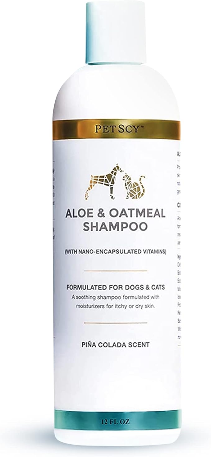 PetScy - Aloe &amp; Oatmeal Shampoo for Dogs and Cats, Moisturizing Pet Shampoo for Skin Relief, All-Natural, Soap-Free &amp; Gentle, Pina Colada Scent, 12 Oz