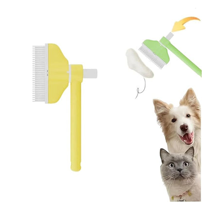 360° Press and Rotate Flea Comb for Cats and Dogs - Self-Cleaning Pet Hair Removal Tool with Release Button &amp; Long-Short Stainless Steel Teeth for Shedding (Yellow)
