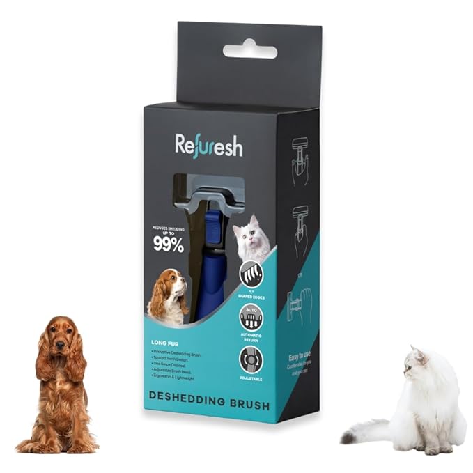 Deshedding Dog Brush for Long Hair (Small,Blue) – Gentle Deshedding tool for Dogs &amp; Cats – Reduces shedding, without damaging topcoat. Removes Loose Fur &amp; Dead Undercoat.